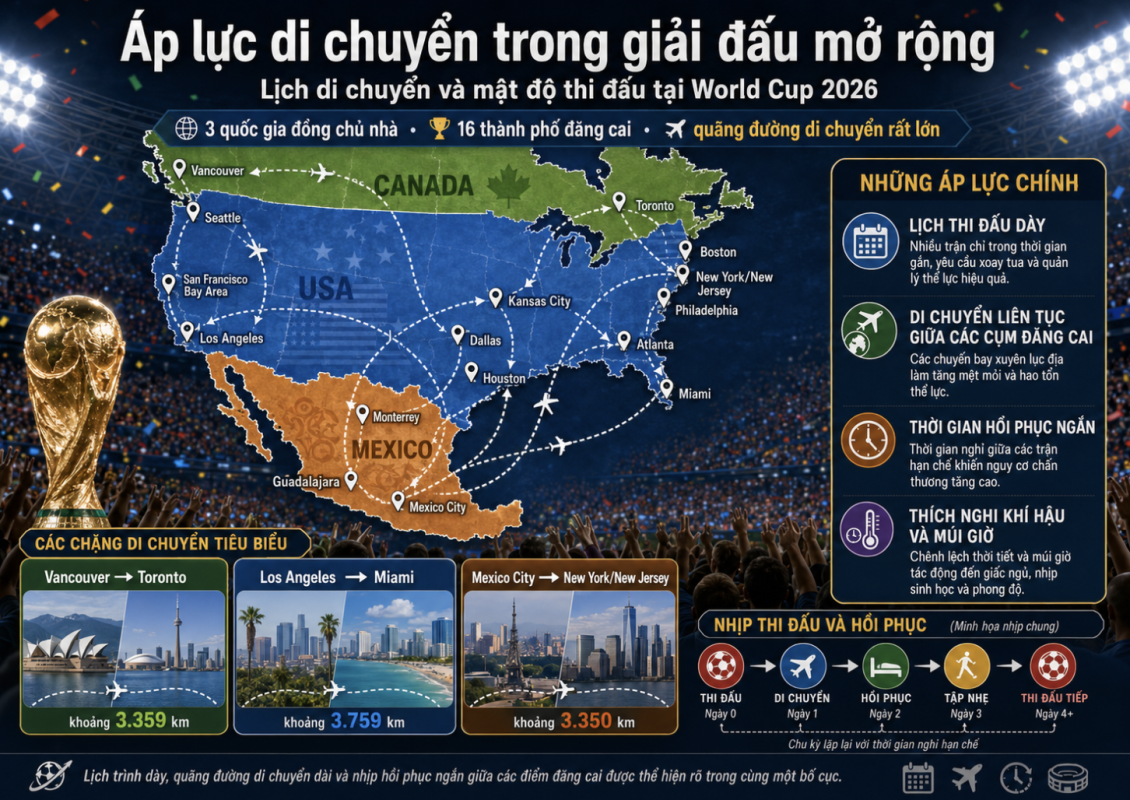 Lịch di chuyển và mật độ thi đấu tại World Cup 2026