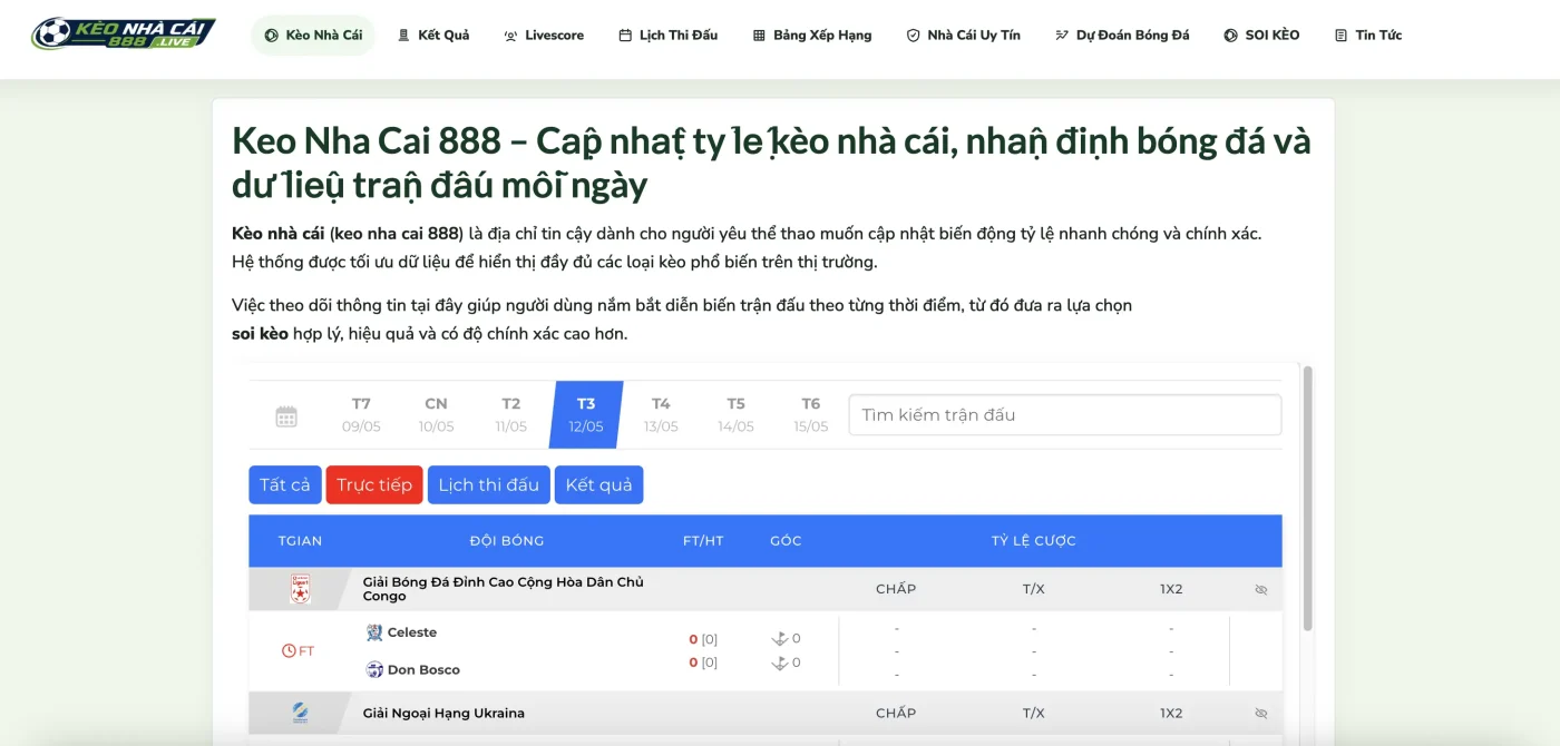Giao diện theo dõi kèo nhà cái với lịch thi đấu và tỷ lệ kèo bóng đá hôm nay được trình bày gọn gàng
